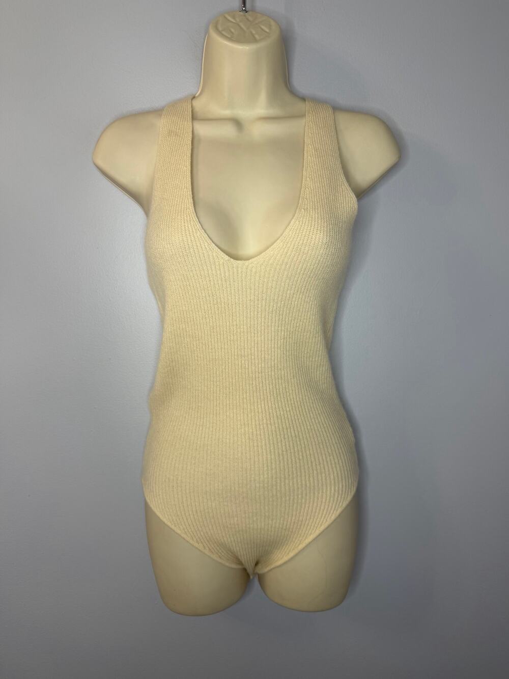 Ryan Roche Cashmere Bodysuit Rib Knit Cream Tie Open Back O/S